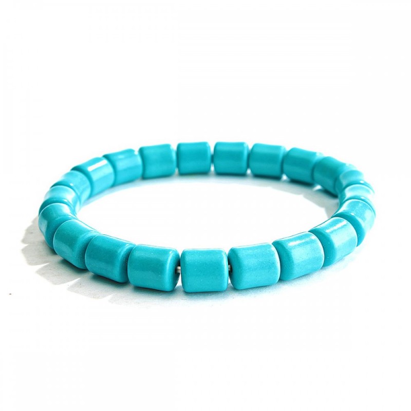 Elastic bracelet with blue turquoise cylinder beads, 8.5×9 mm