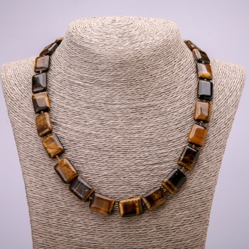 Bead necklace of natural Tiger's Eye stone, rectangular-cut, 13x18 mm, length 48 cm