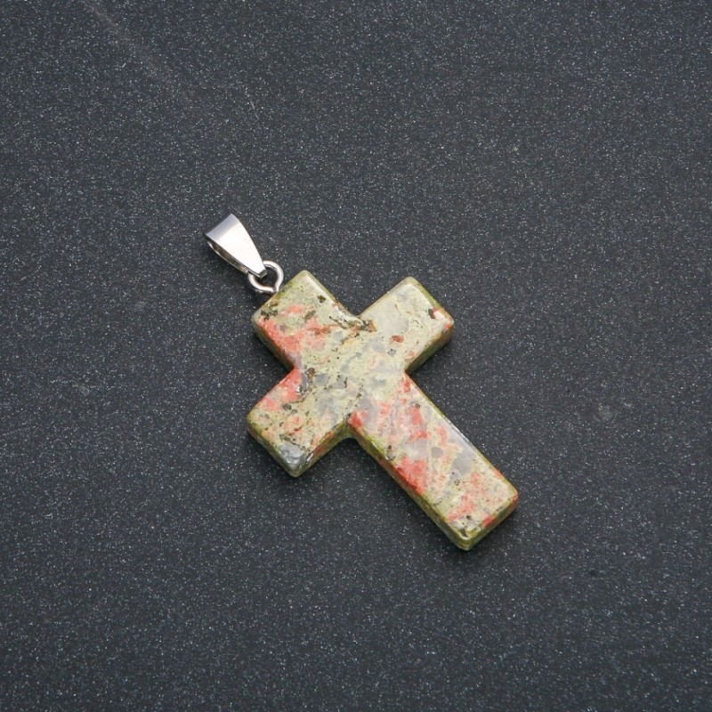 Pendant "Cross" from heliotrope unakite 50x28mm +