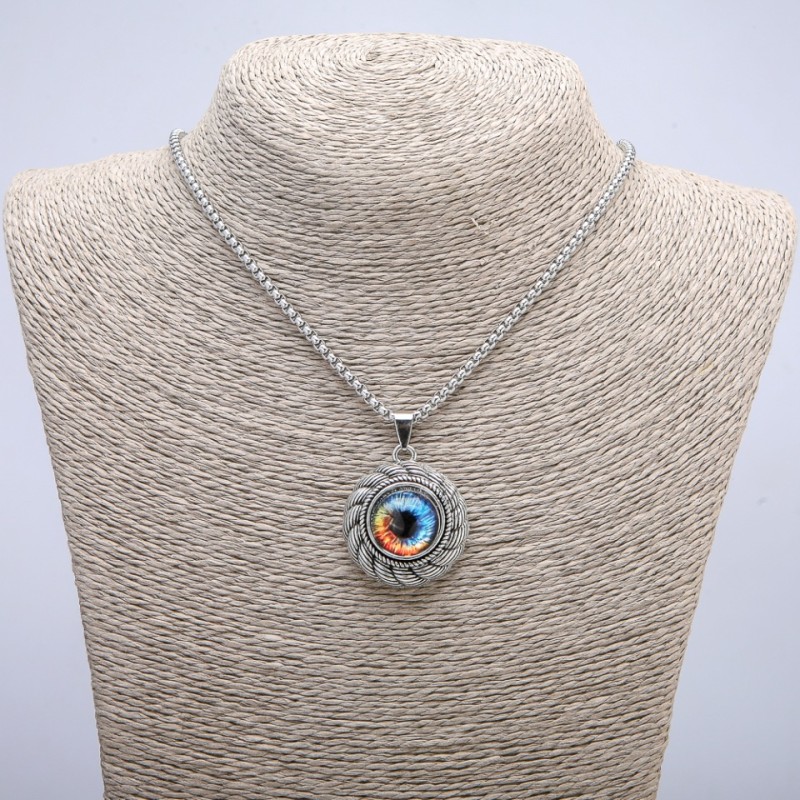 Pendant 'Eye' in a bezel 45x30 mm on a chain, length 70 cm, silver-colored metal