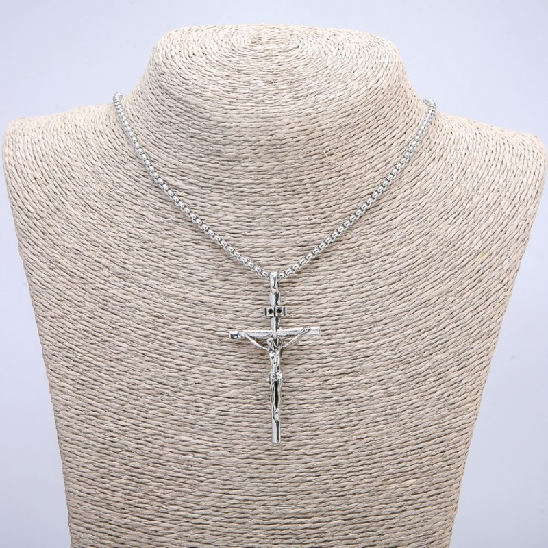 Pendant "Cross" 60x32 mm on a chain, length 70 cm, silver-colored metal