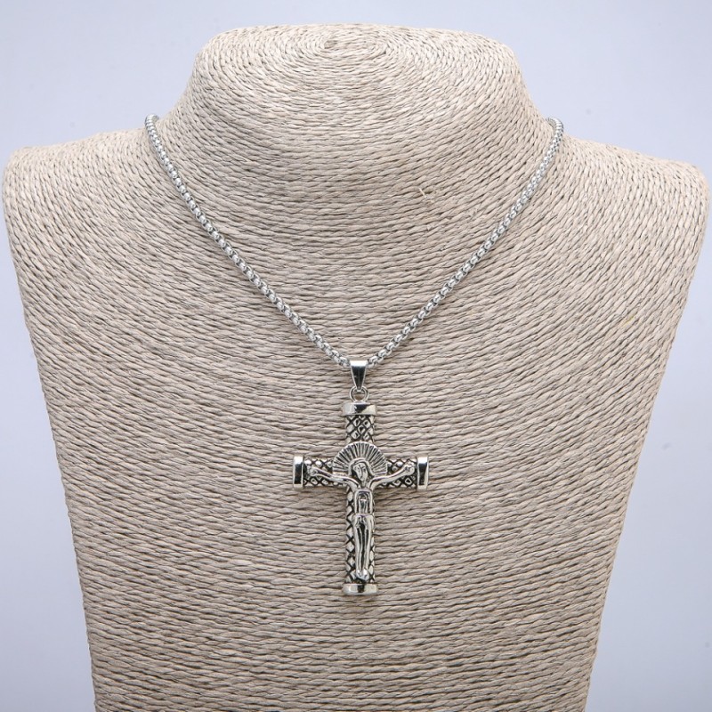 Pendant 'Cross' 60×35 mm on a chain, 70 cm long, silvery metal