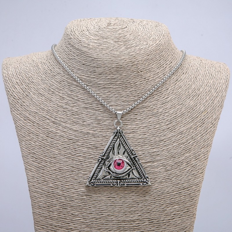 Pendant 'Triangle with an Eye' 62×54 mm on a chain, chain length 70 cm, silver-tone metal