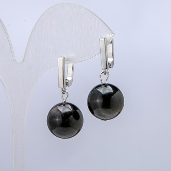 Earrings Silver Obsidian, 14mm diameter, 32mm length