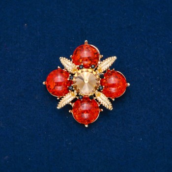 Amber Brooch (artificial) with black crystals, gold-tone crystal and enamel, gold-tone metal 48mm+