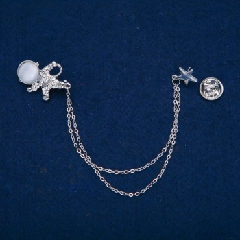 Astronaut Brooch with Cat's Eye Cabochon and White Crystals, Silver-Toned Metal 27x20 mm, length 12 cm