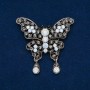 Butterfly Brooch with White Matte and Gray Crystals, Dark Silver Metal, 35x48mm +
