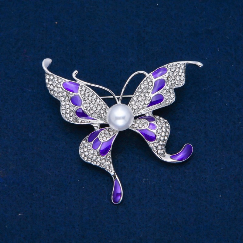Brooch Butterfly with white crystals, enamel, bead, silver-tone metal 60x60mm +