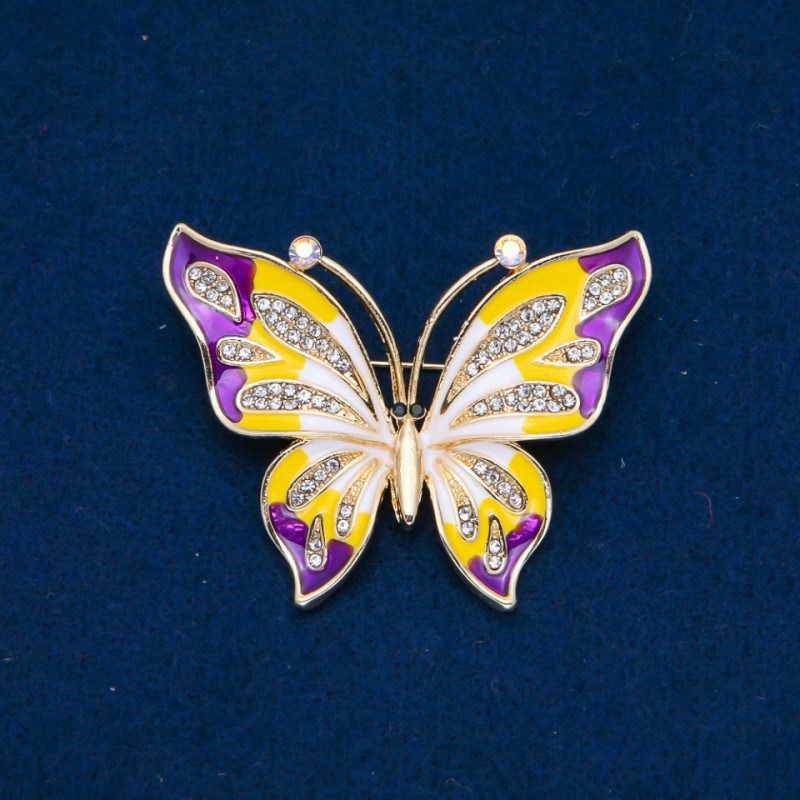 Enamel Butterfly Brooch, White Crystals, Golden Metal 54x43mm +