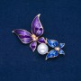 Brooch 'Butterflies' in golden metal, blue and purple enamel, white bead 65x38mm +
