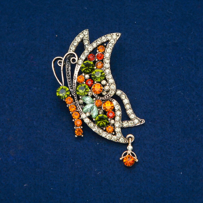 Butterfly Brooch with Golden Metal and Green Rhinestones