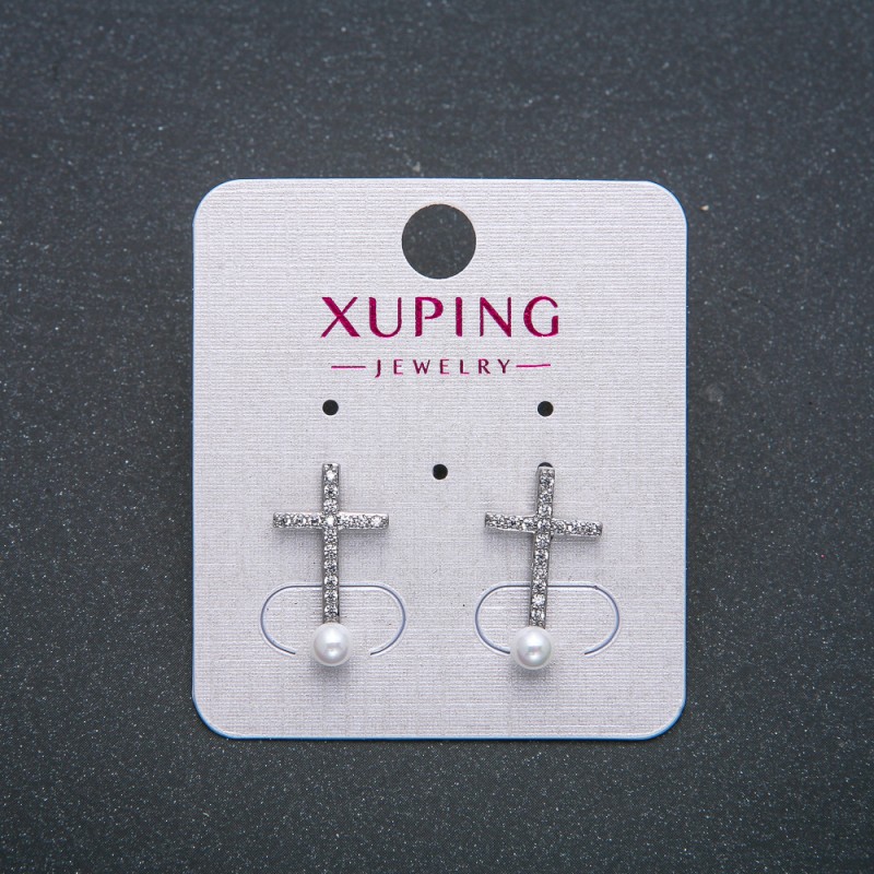 Cross Stud Earrings Xuping Rhodium-Plated with White Crystals and Bead