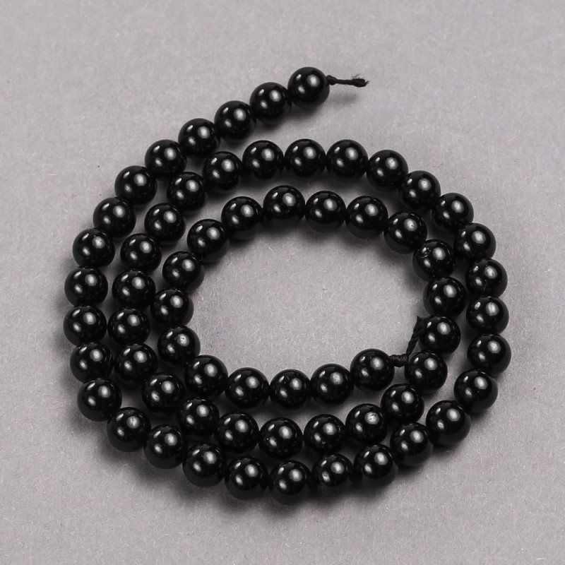 Black Tourmaline Beads, Natural Stone, Smooth Round Bead, 6mm Diameter +/-, 39cm Length +/- on Thread