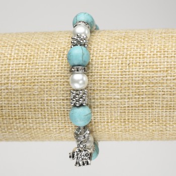 Bracelet Turquoise (Synthetic) on Elastic, with Faux Pearls (Synthetic), Silver-Toned Inserts and Elephant Charm, Length 18 cm+
