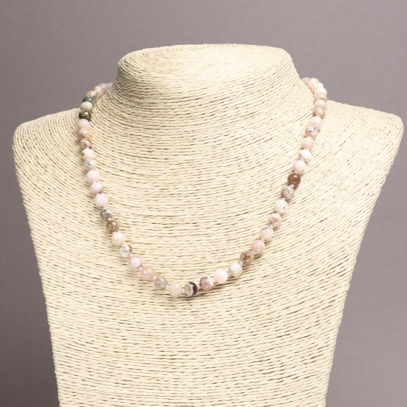 Pink Opal Necklace with natural stone, smooth bead, 6 mm diameter, 45 cm length
