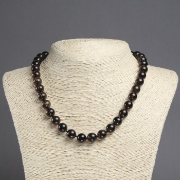 Natural smoky topaz necklace with smooth round beads, 10 mm diameter, 45 cm long