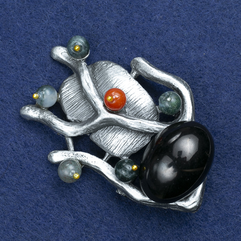 Brooch 'Twig with Agate' with Assorted Stones, Silver-Tone Metal, 61x42 mm +