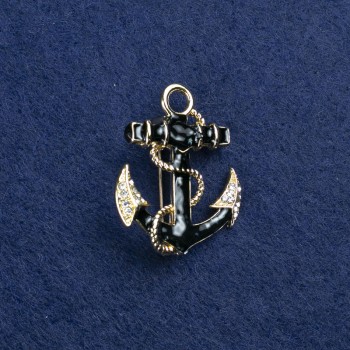 Anchor Brooch in Gold-Tone Metal, Enamel with Pearl Inlays and Crystals, 31×26 mm