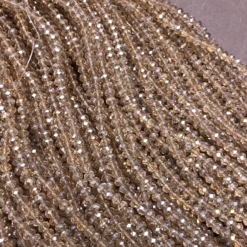 Beads Czech Crystal on Beading Thread Champagne Transparent with Petrol Iridescence, Faceted Rondelle, Diameter 3.5×3 mm, Length 36-38 cm
