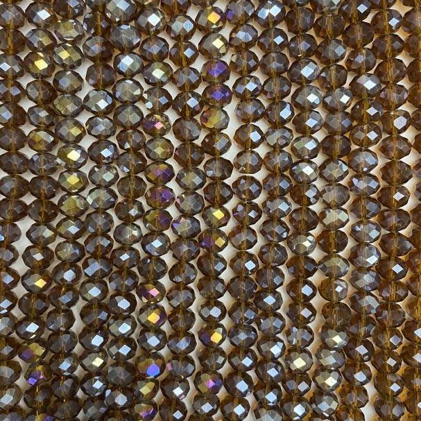 Beads Czech Crystal on Thread, Brown Transparent with Gasoline Finish, Faceted Rondelle, Diameter 8×6 mm, Length 38 cm