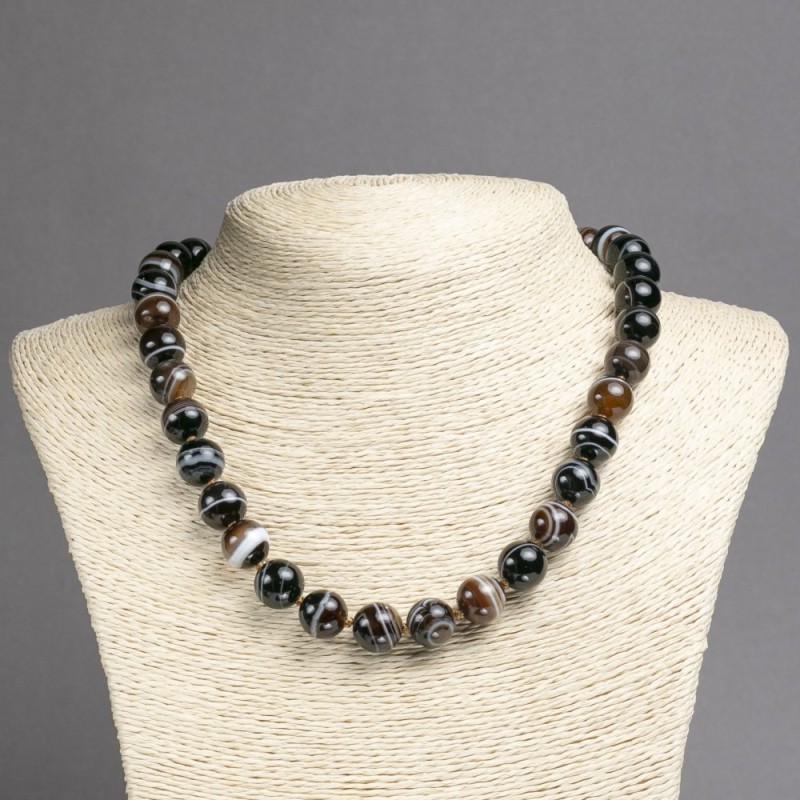 Natural banded brown agate necklace with smooth beads, 12 mm diameter, 45 cm length ±
