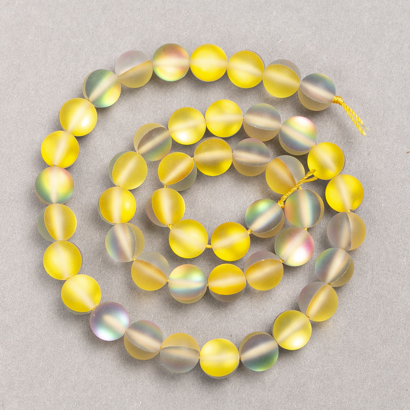 Beads on a thread: Opal glass, smooth ball, yellow and gray matte, diameter 8 mm, length 39 cm