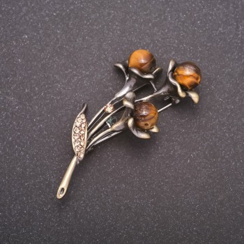 Brooch with natural tiger's eye stone 'Bells' Bronze-tone metal 53x32 mm