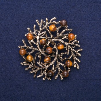 Brooch-Pendant 'Sprigs' with natural Tiger's Eye stone, golden metal 60mm