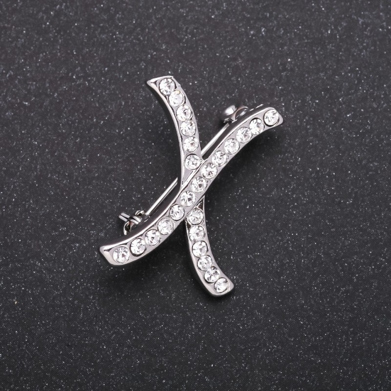 Initial X Brooch with White Crystals, Gray Metal Finish, 27x21 mm
