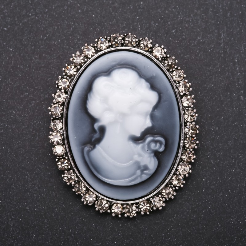 Cameo Brooch with Crystals, Satin Finish, Gray Metal, 50x40 mm