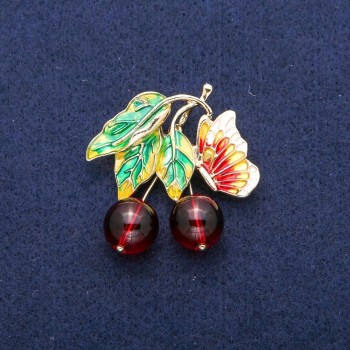 Brooch-Pendant 'Berries with a Butterfly' with beads, Garnet (Synthetic) and Enamel, golden metal 39x40 mm
