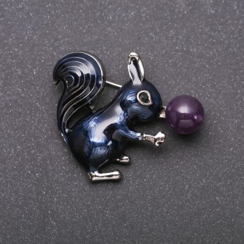 Brooch 'Squirrel with Amethyst' enamel in blue color, silver-colored metal 35×40 mm