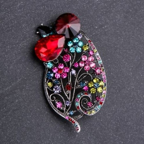 Leaf Brooch in Multicolored Rhinestones with Red Crystal, 65×35 mm, Gray Metal