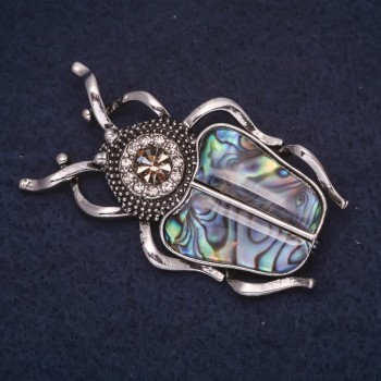 Beetle Scarab Brooch, 50x30 mm, rhinestones, satin color, Khaliotis green, silver-tone metal