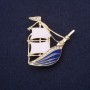 Ship Brooch - Gold-toned metal with enamel and crystals, 37×40 mm +