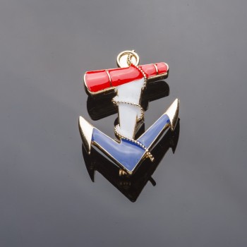 Anchor Brooch, 5 × 3 cm, Gold-tone with Colored Enamel