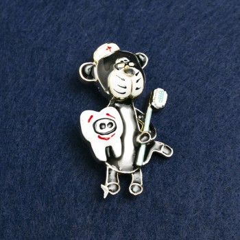 Bear Dentist Brooch, gold metal and enamel, 50×30mm +