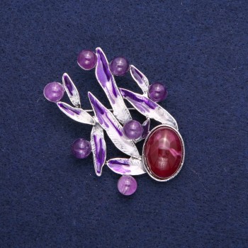 Brooch Leaves with Amethyst, Purple Enamel, Silvery Metal 38x53mm