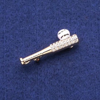 Baseball Bat Brooch with Crystals, Gold-Tone Metal, 13x40 mm