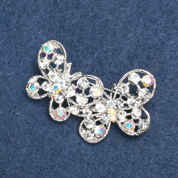 Brooch 'Butterflies' with Silvery Metal and Petrol-Toned Rhinestones, 40x25 mm +