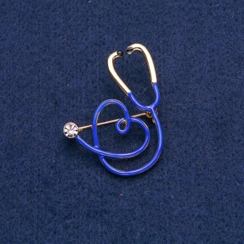 Blue Stethoscope with Heart Brooch, White Stone, Gold-Tone Metal 43×33 mm
