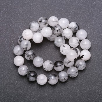 Beads of natural stone Rutile Quartz "Hairy" black on a thread, smooth bead, diameter 10 mm, length 39 cm