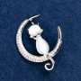 Brooch 'Kitty Cat's Eye' Gray with White Crystals, 39x31mm, Silver-Tone Metal