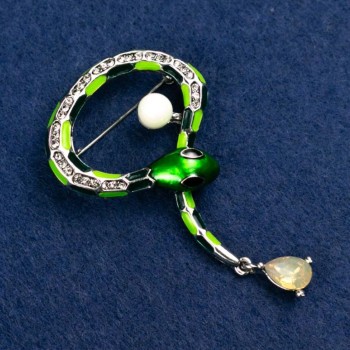 Brooch 'Snake' green enamel with crystal, bead and white rhinestones, silver-colored metal 35x64mm