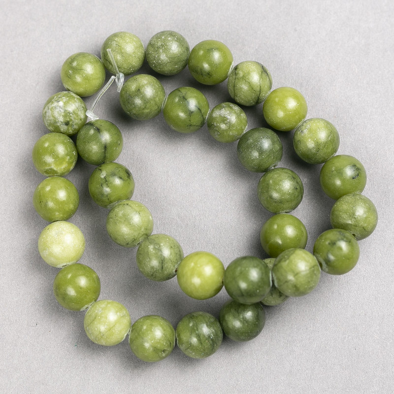 Jadeite Beads on Beading Thread — Smooth Round Beads, 12 mm Diameter, 38 cm Length