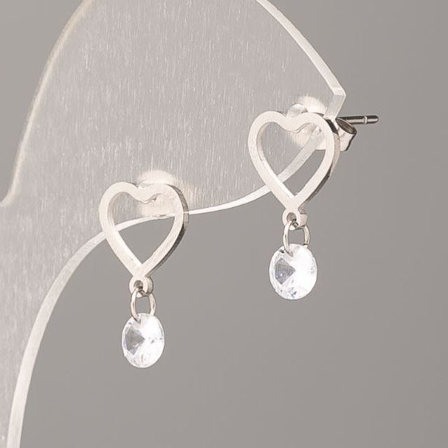Xuping Ball Stud Earrings - Heart with White Stones, 11 mm Diameter, Rhodium