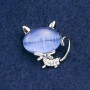 Cat Brooch with Blue Cat's Eye and White Crystals, Silver Metal 24x23mm