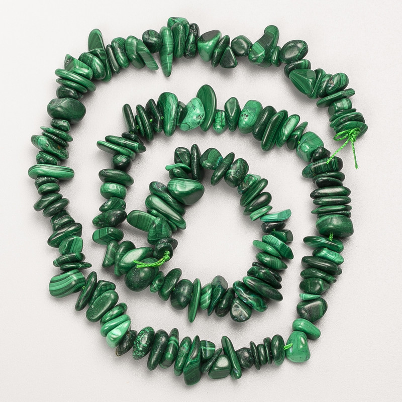 Malachite beads, natural stone chips on thread, size 8×3 mm, ±, length 41 cm ±