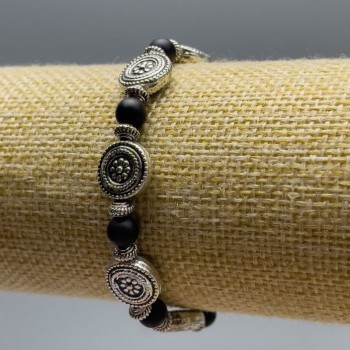 Matte Shungite Bracelet (single) Smooth beads, 6 mm diameter, 18 cm length (stretch) with silver-tone inserts, bead size 11x4 mm