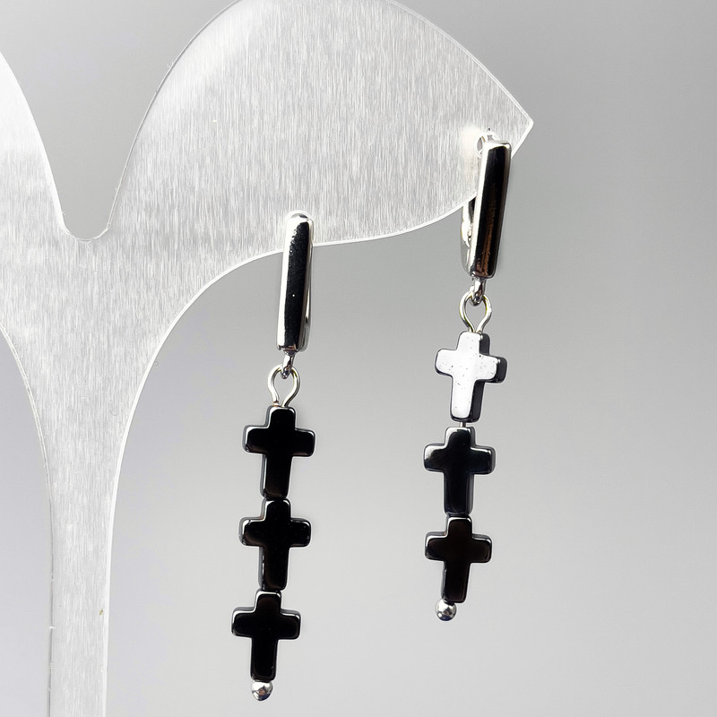 Earrings Hematite Crosses, diameter 6.5×26 mm, length 45 mm